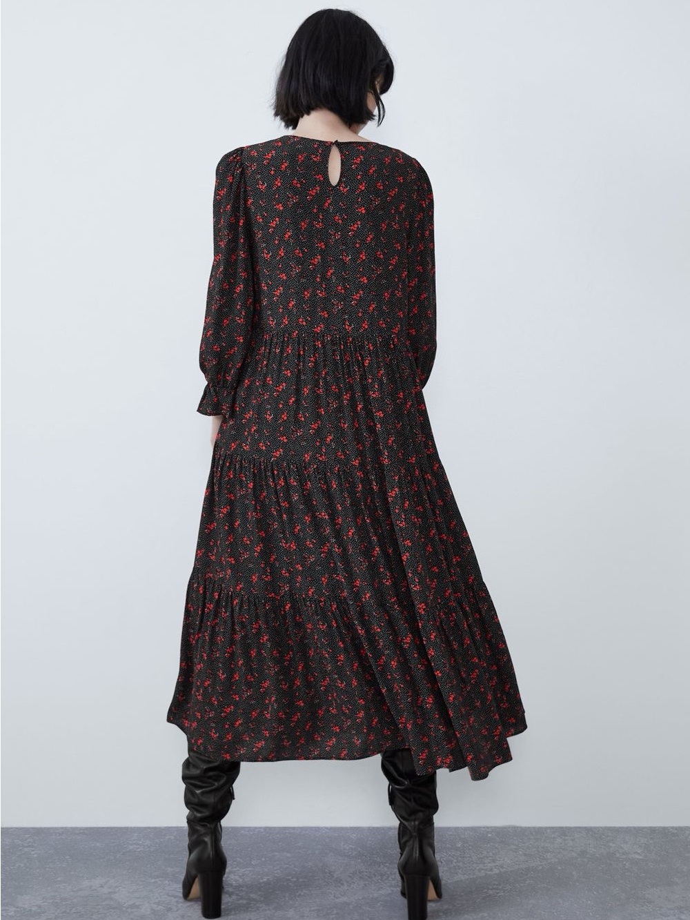 Zara Black Red Floral Polka Dot Maxi Dress Viscose Puff Sleeve Cottagecore S - Picture 10 of 12